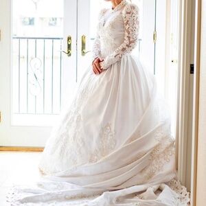 Custom Beaded Wedding Dress w/ Train – Size 8 + Petticoat